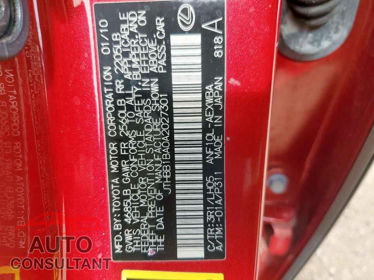 LEXUS HS 2010 - JTHBB1BA0A2027301