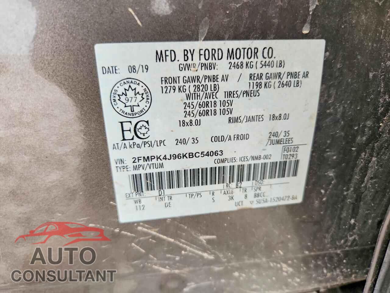 FORD EDGE 2019 - 2FMPK4J96KBC54063