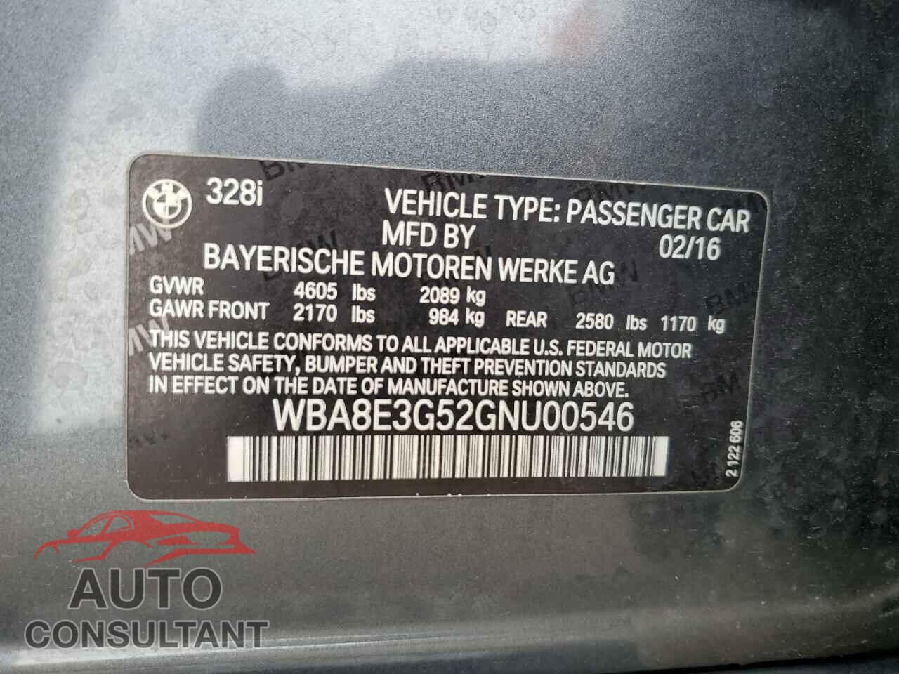 BMW 3 SERIES 2016 - WBA8E3G52GNU00546