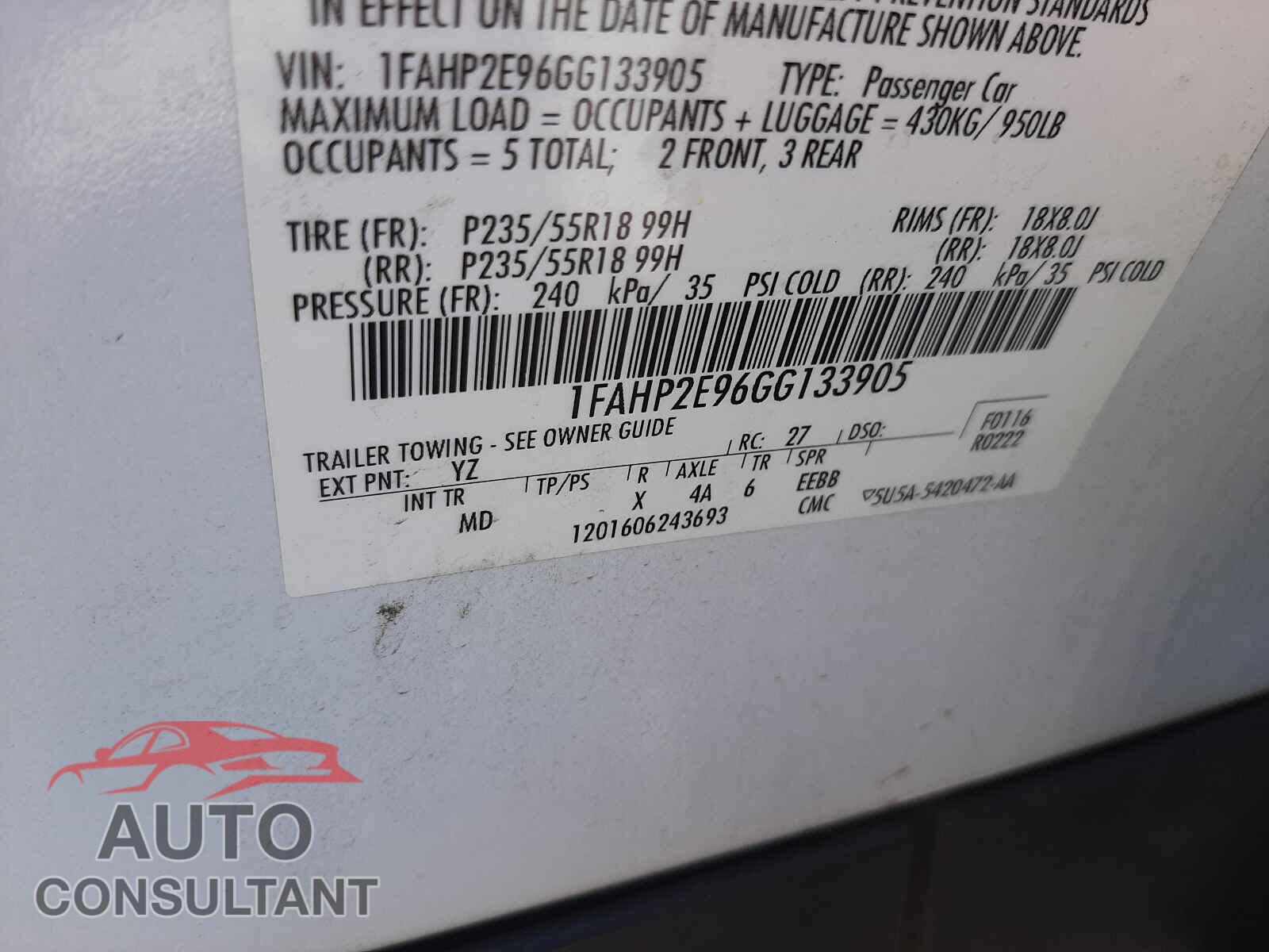 FORD TAURUS 2016 - 1FAHP2E96GG133905