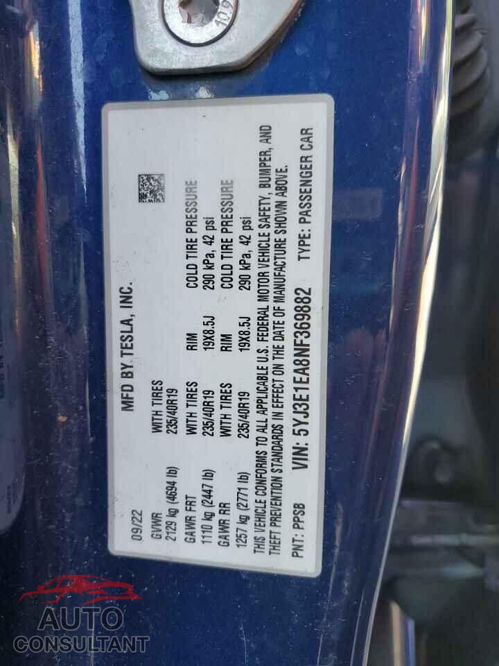 TESLA MODEL 3 2022 - 5YJ3E1EA8NF369882