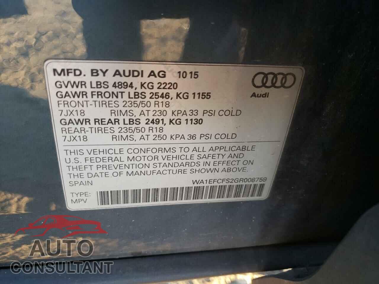 AUDI Q3 2016 - WA1EFCFS2GR008759