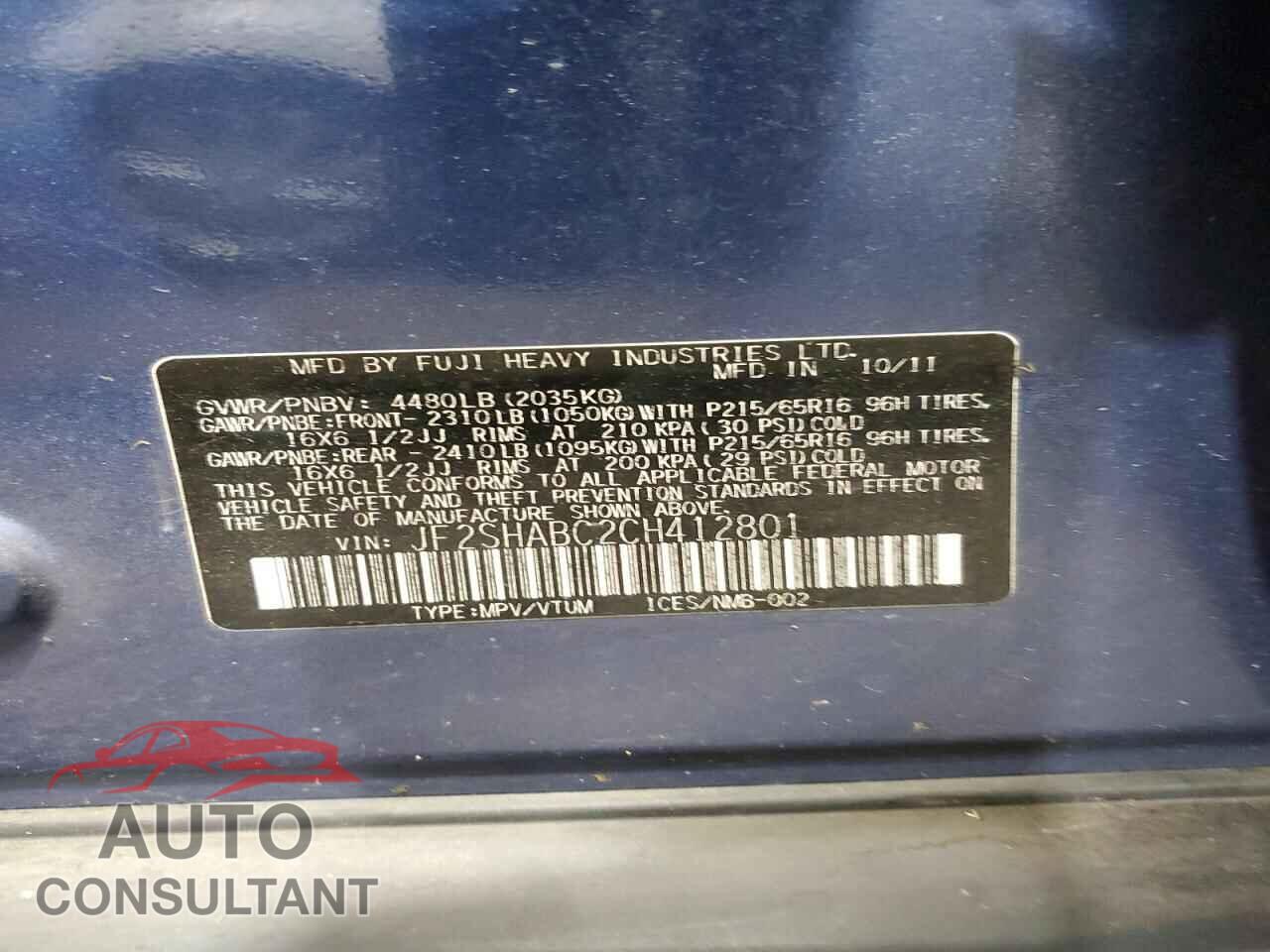 SUBARU FORESTER 2012 - JF2SHABC2CH412801