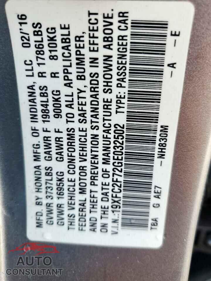HONDA CIVIC 2016 - 19XFC2F72GE032502