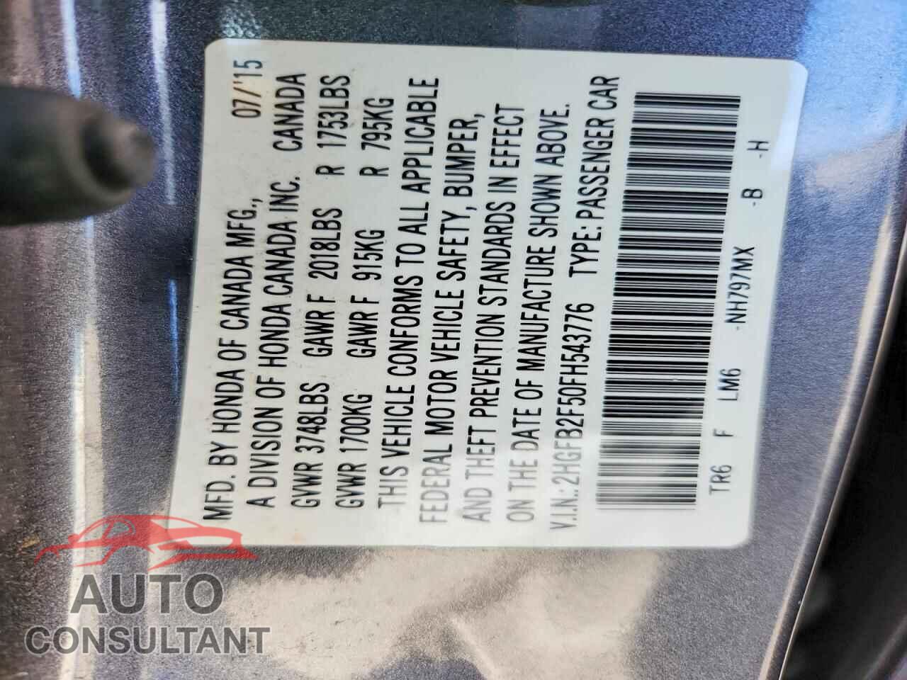 HONDA CIVIC 2015 - 2HGFB2F50FH543776