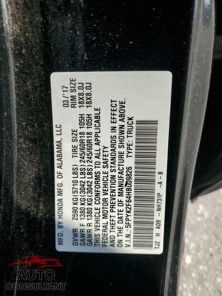 HONDA RIDGELINE 2017 - 5FPYK2F64HB009826