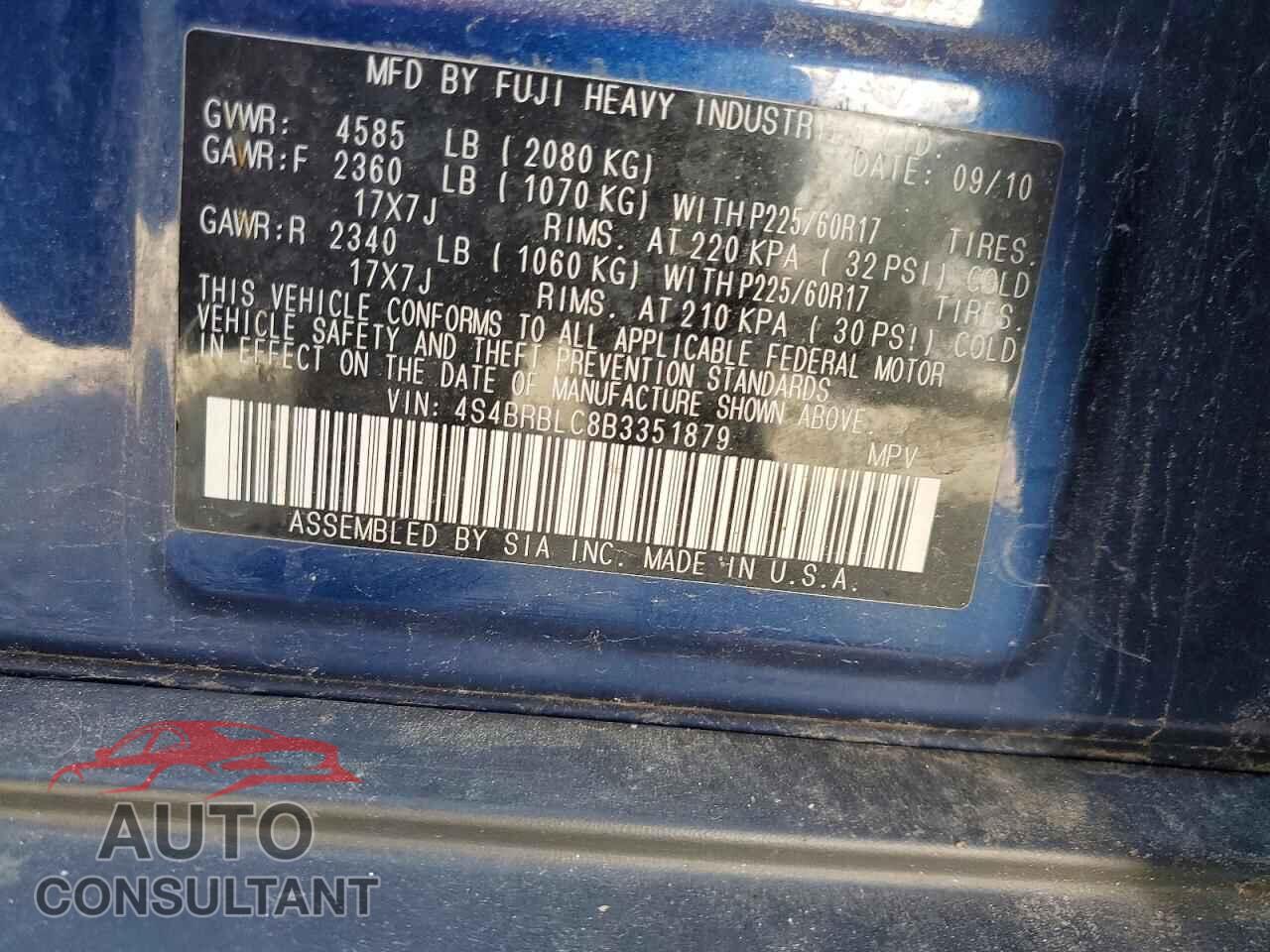 SUBARU OUTBACK 2011 - 4S4BRBLC8B3351879