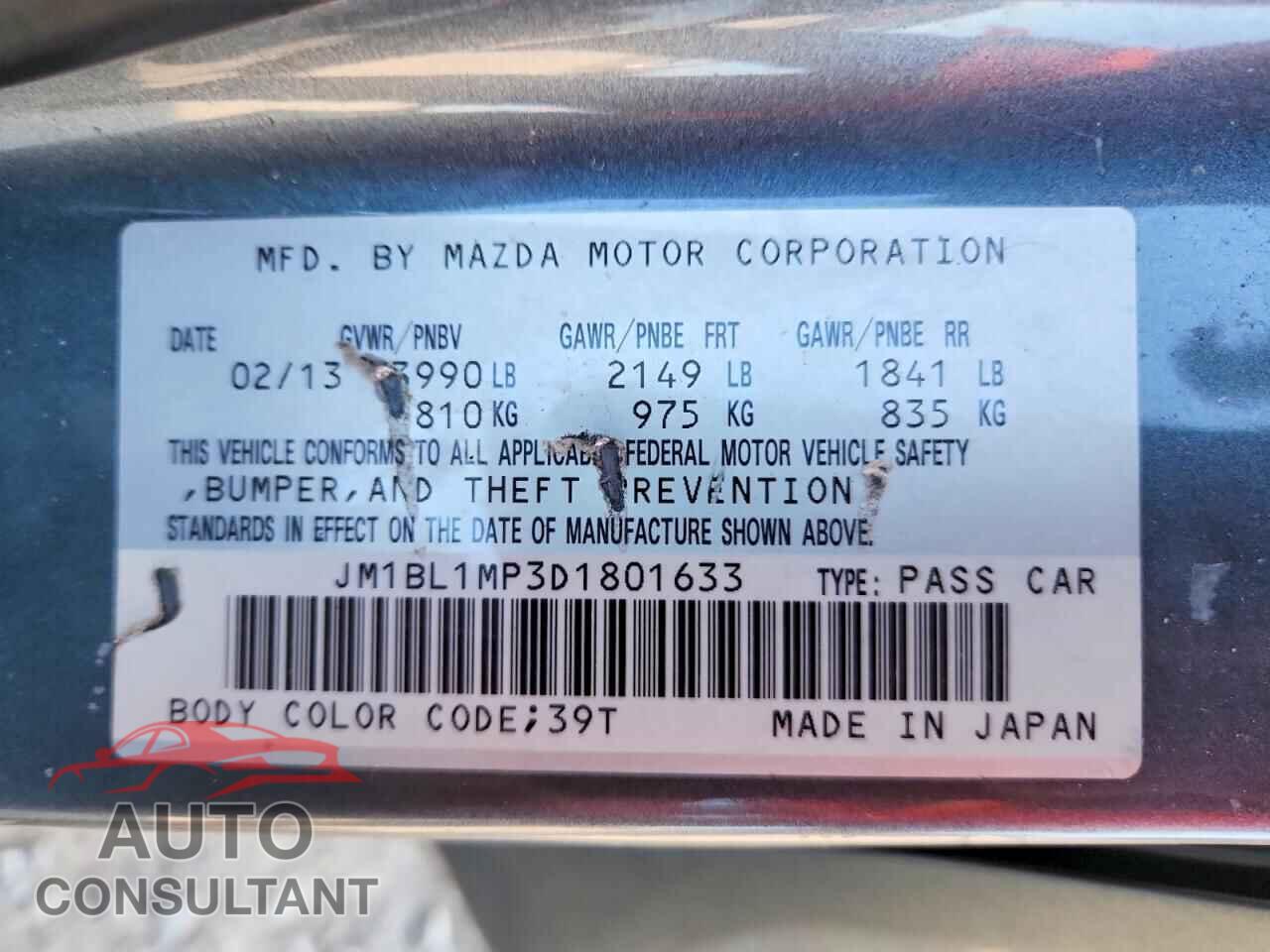 MAZDA 3 2013 - JM1BL1MP3D1801633