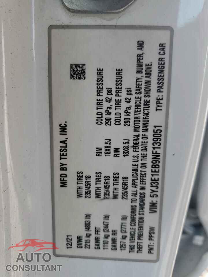 TESLA MODEL 3 2022 - 5YJ3E1EB9NF139051