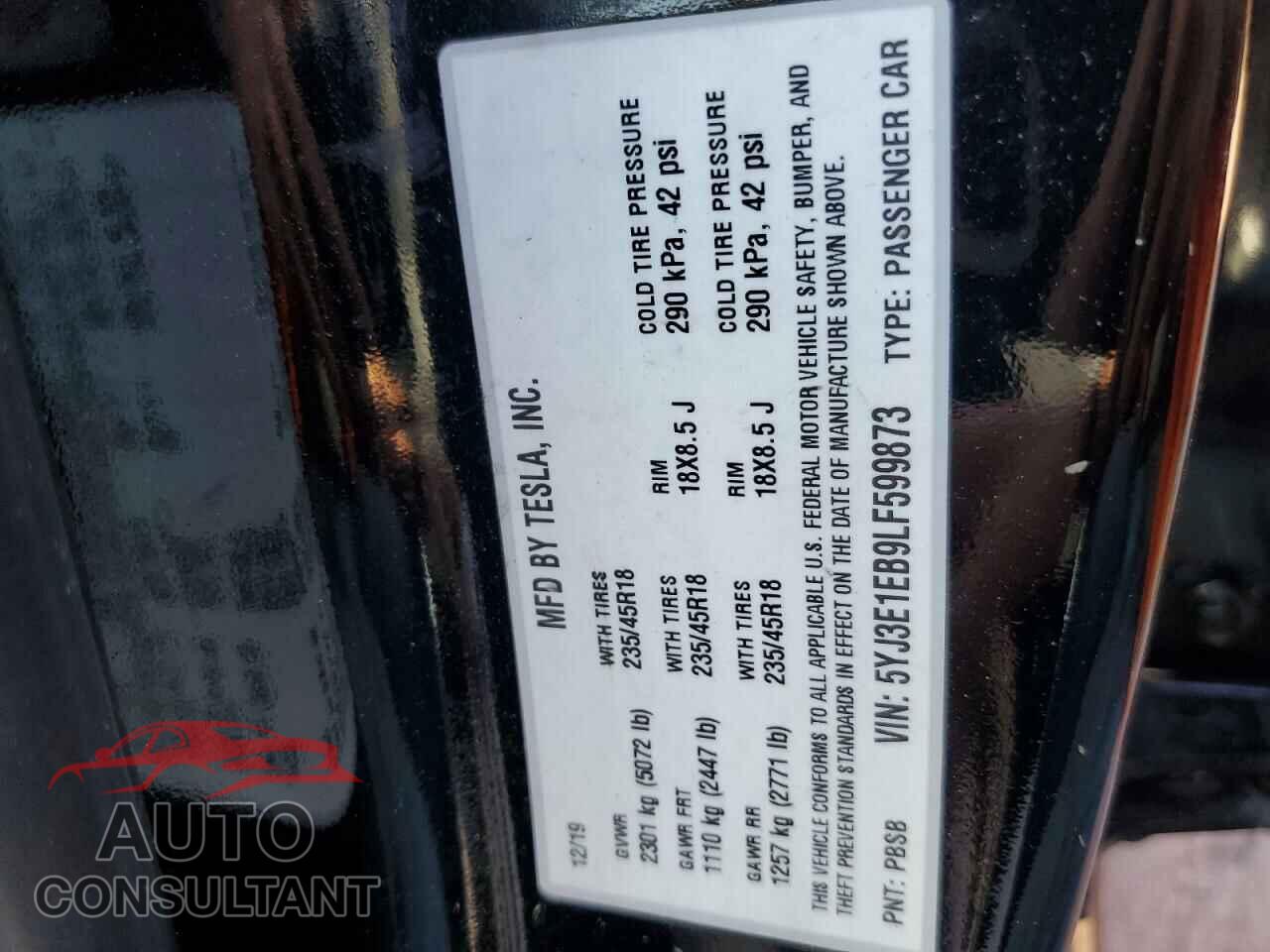 TESLA MODEL 3 2020 - 5YJ3E1EB9LF599873