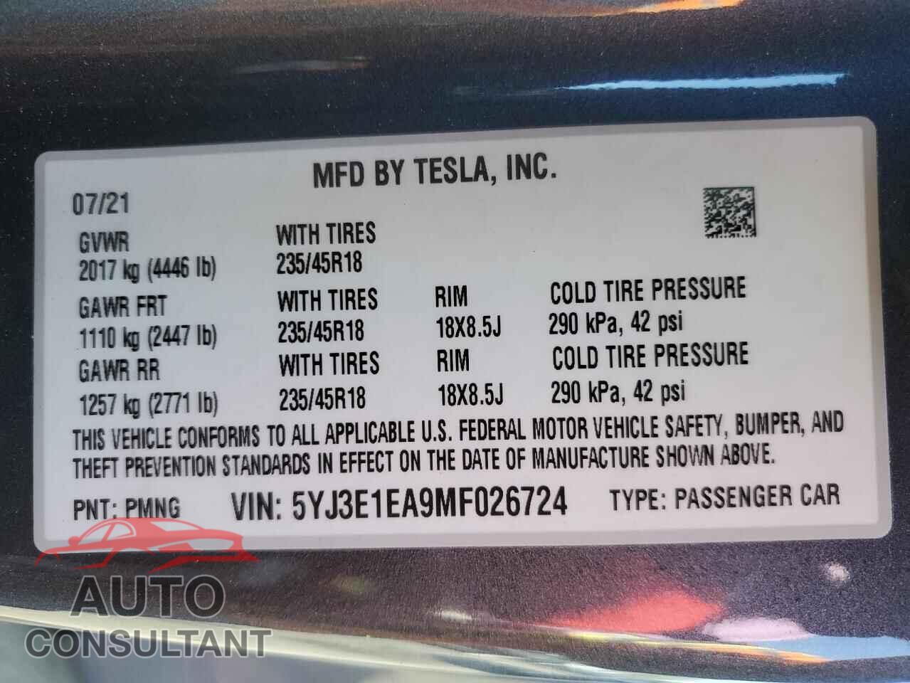 TESLA MODEL 3 2021 - 5YJ3E1EA9MF026724