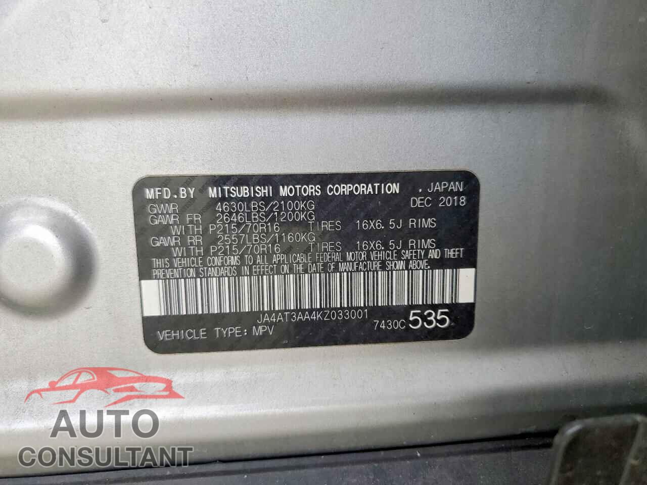 MITSUBISHI ECLIPSE 2019 - JA4AT3AA4KZ033001
