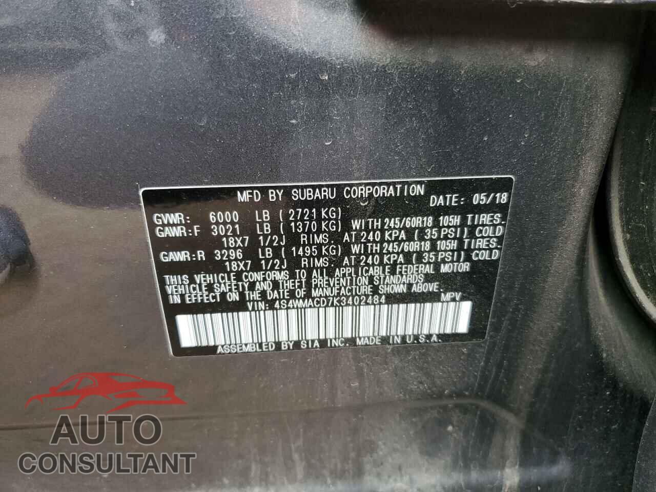SUBARU ASCENT 2019 - 4S4WMACD7K3402484