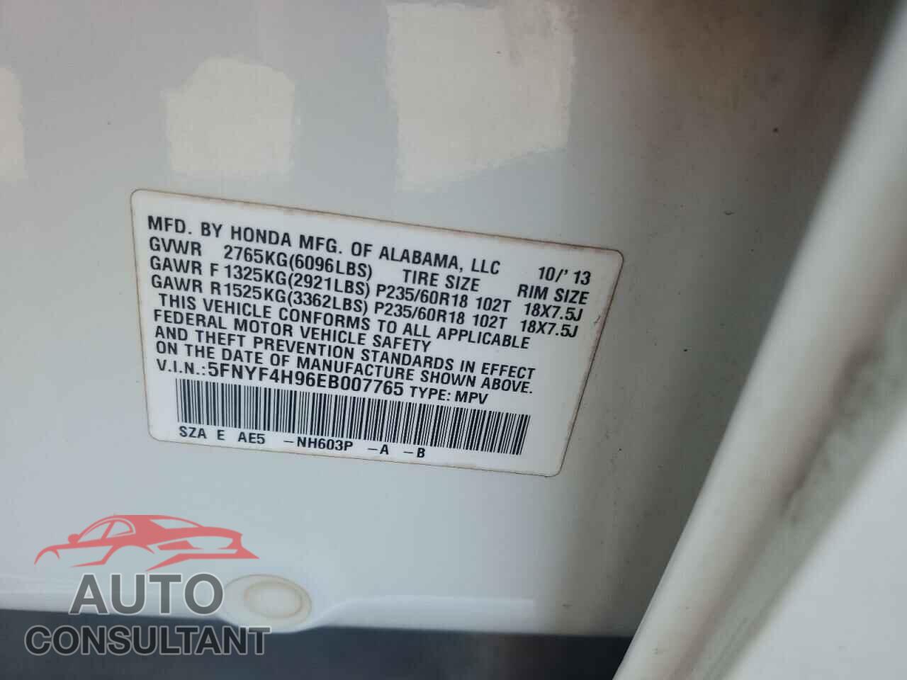HONDA PILOT 2014 - 5FNYF4H96EB007765