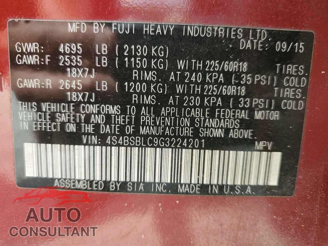 SUBARU OUTBACK 2016 - 4S4BSBLC9G3224201