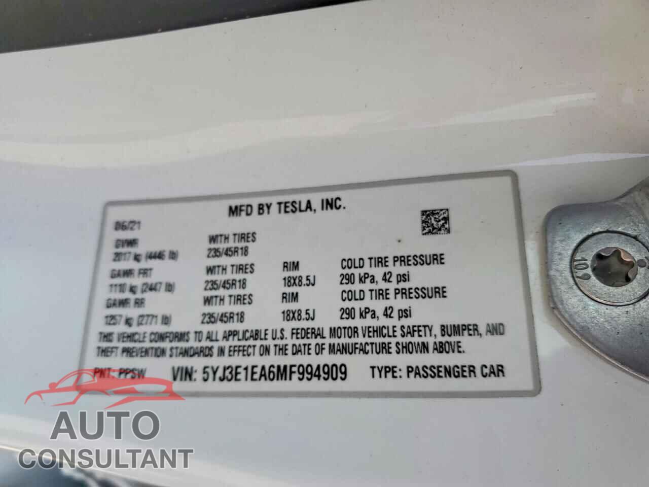 TESLA MODEL 3 2021 - 5YJ3E1EA6MF994909