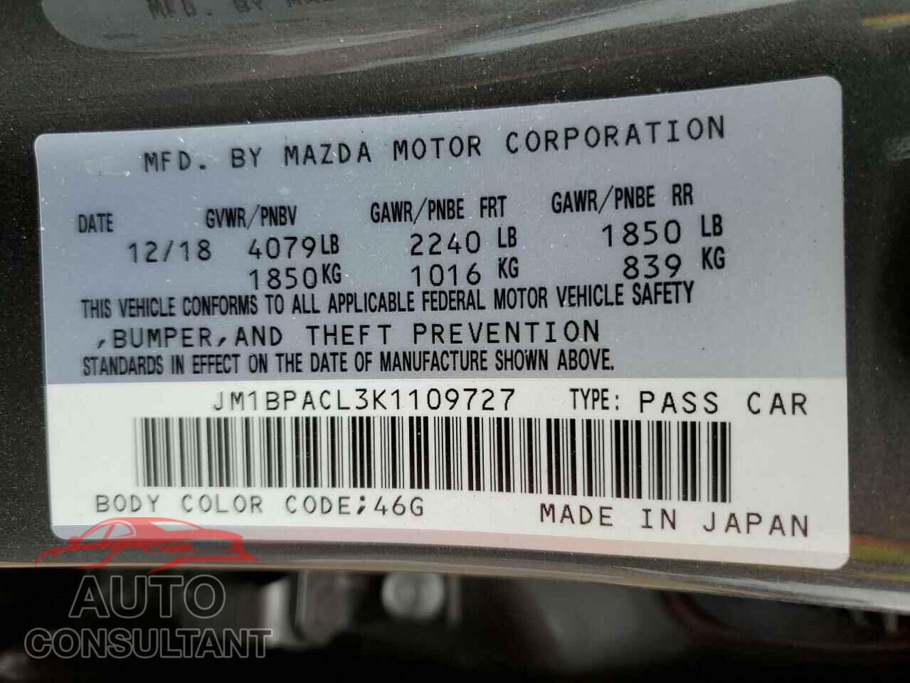 MAZDA 3 2019 - JM1BPACL3K1109727