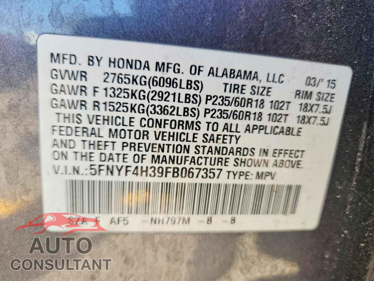 HONDA PILOT 2015 - 5FNYF4H39FB067357