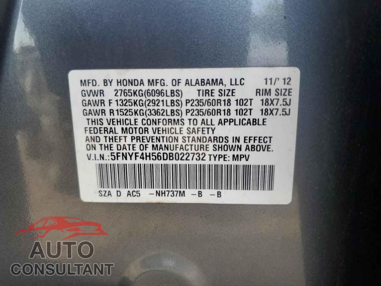 HONDA PILOT 2013 - 5FNYF4H56DB022732