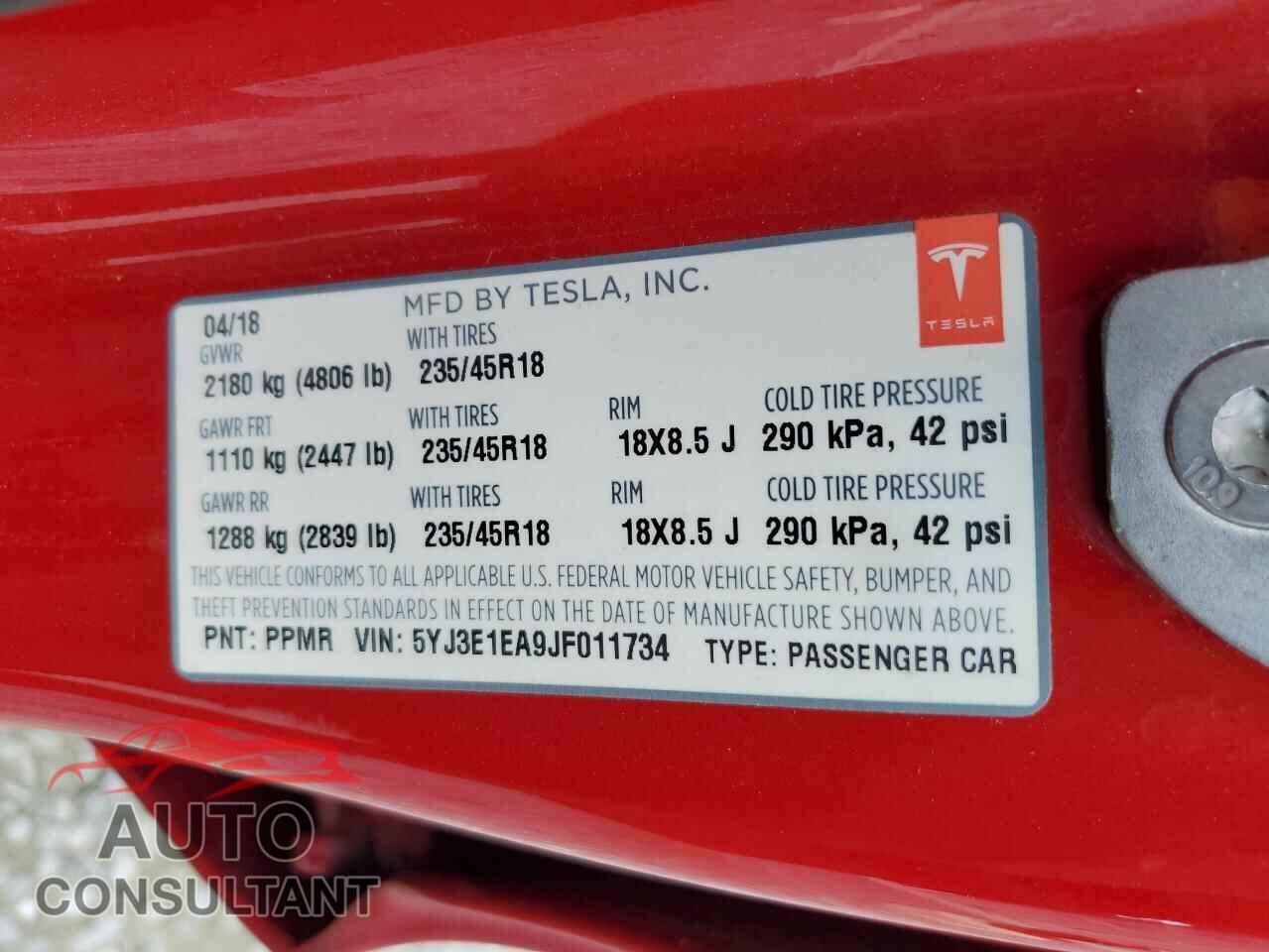 TESLA MODEL 3 2018 - 5YJ3E1EA9JF011734