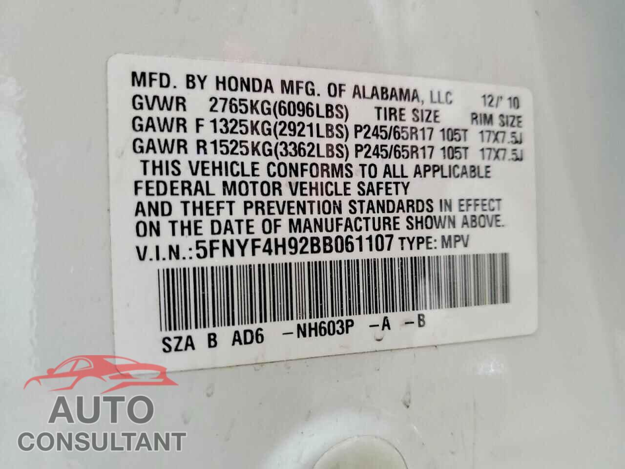 HONDA PILOT 2011 - 5FNYF4H92BB061107