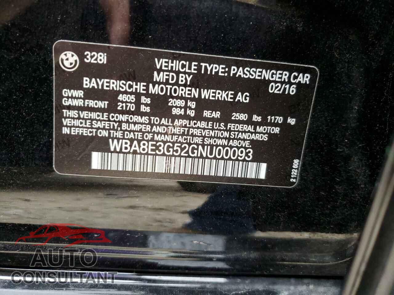 BMW 3 SERIES 2016 - WBA8E3G52GNU00093