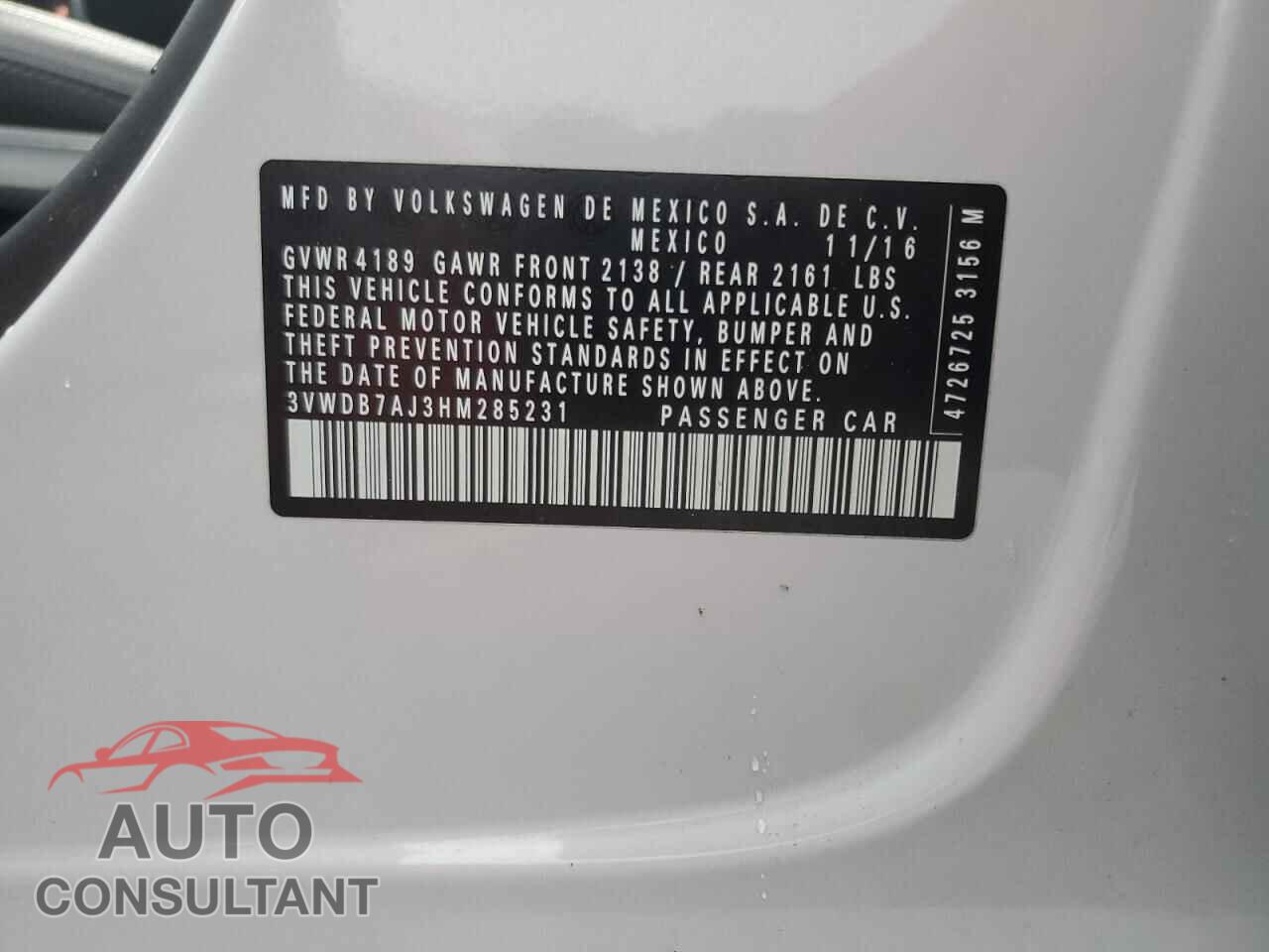 VOLKSWAGEN JETTA 2017 - 3VWDB7AJ3HM285231