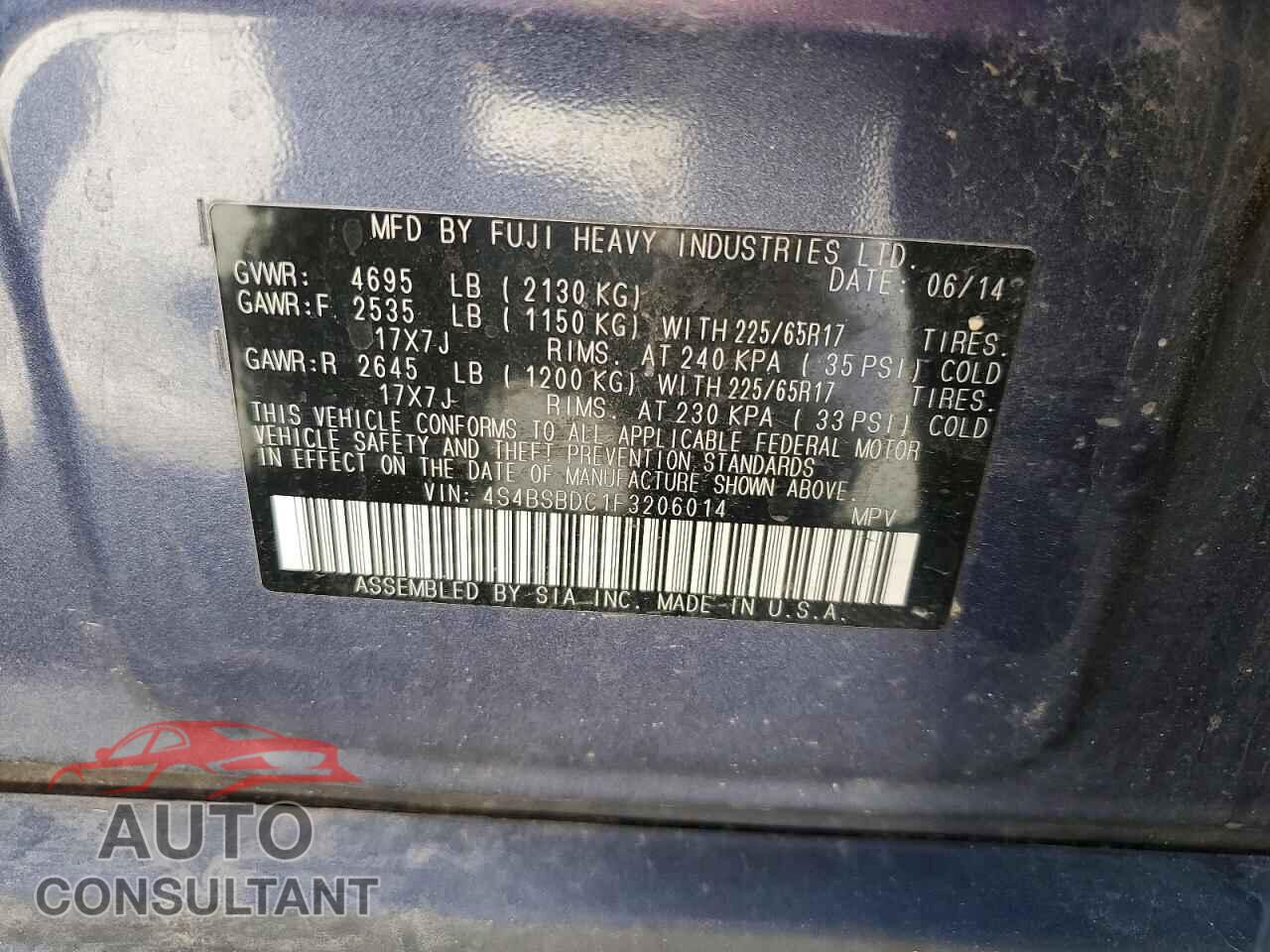 SUBARU OUTBACK 2015 - 4S4BSBDC1F3206014