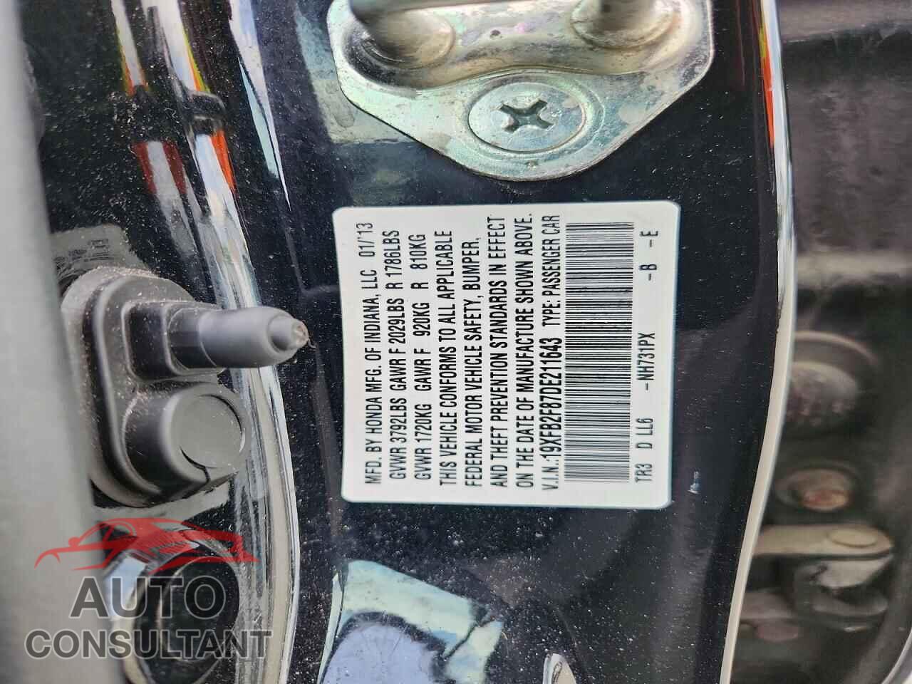 HONDA CIVIC 2013 - 19XFB2F87DE211643
