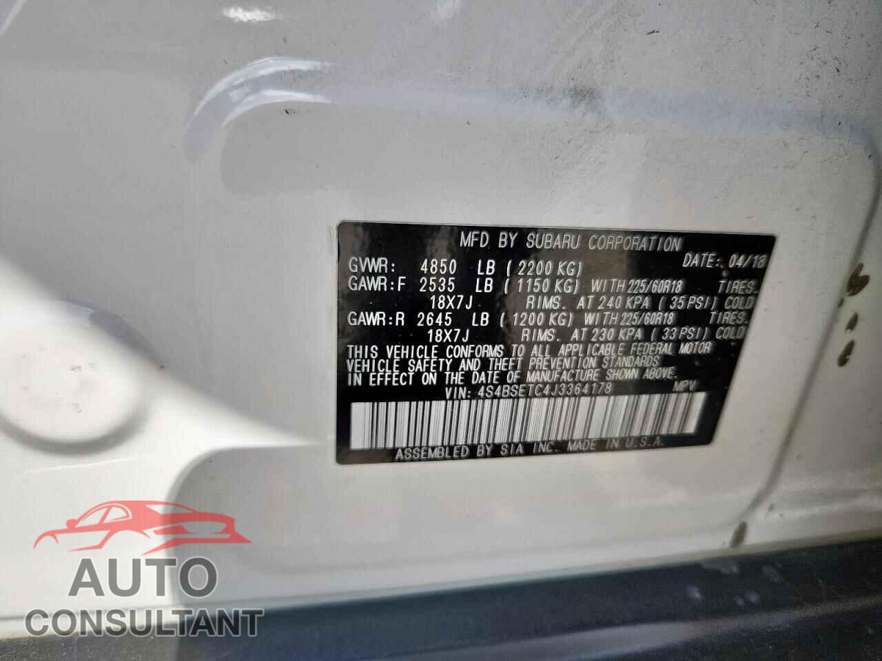 SUBARU OUTBACK 2018 - 4S4BSETC4J3364178