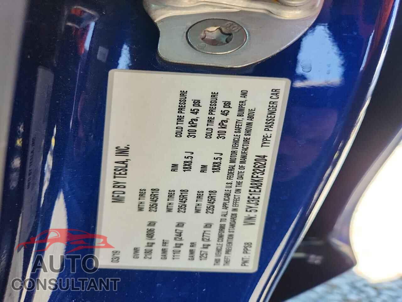 TESLA MODEL 3 2019 - 5YJ3E1EA8KF326204