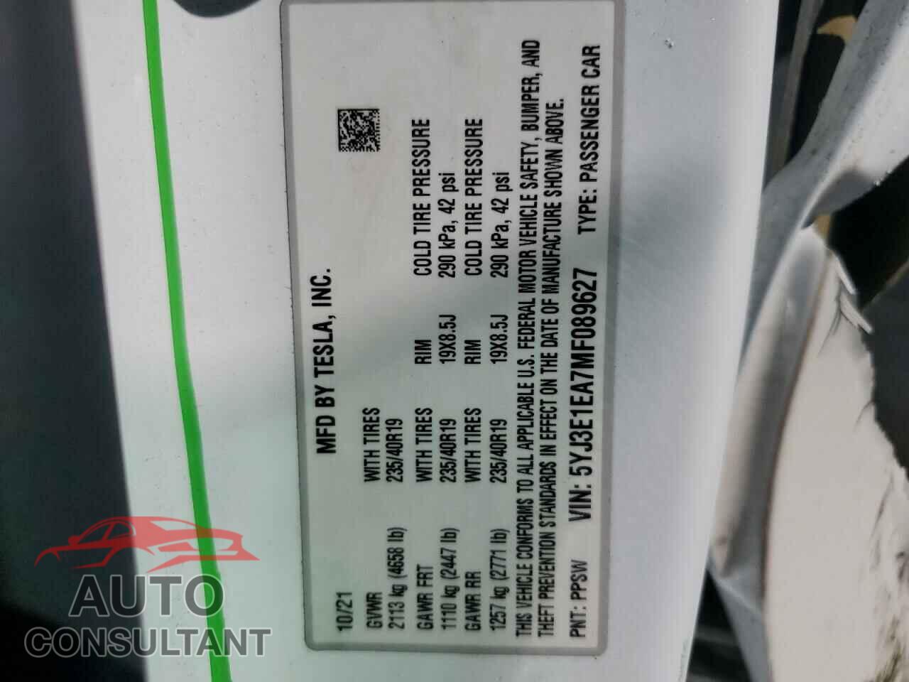 TESLA MODEL 3 2021 - 5YJ3E1EA7MF089627