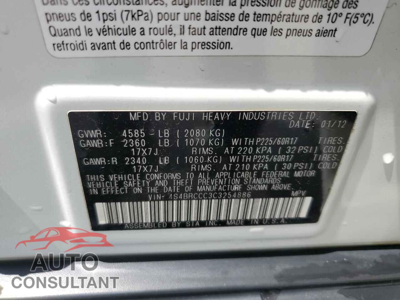 SUBARU OUTBACK 2012 - 4S4BRCCC3C3254886