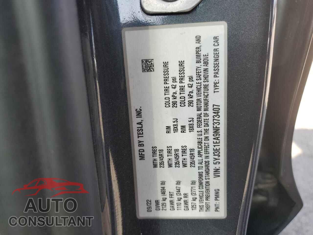 TESLA MODEL 3 2022 - 5YJ3E1EA9NF373407