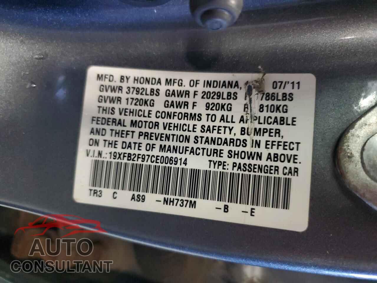 HONDA CIVIC 2012 - 19XFB2F97CE006914