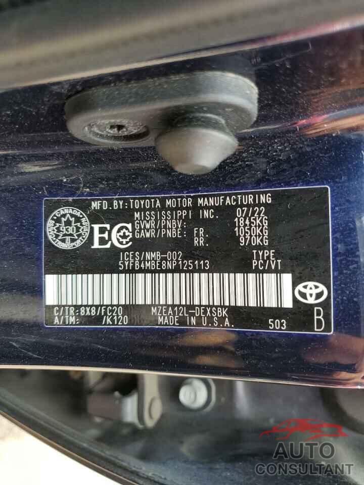 TOYOTA COROLLA 2022 - 5YFB4MBE8NP125113