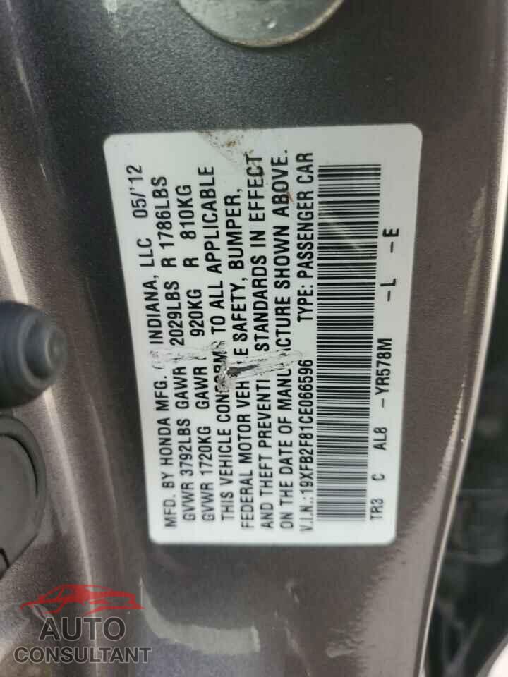 HONDA CIVIC 2012 - 19XFB2F81CE066596