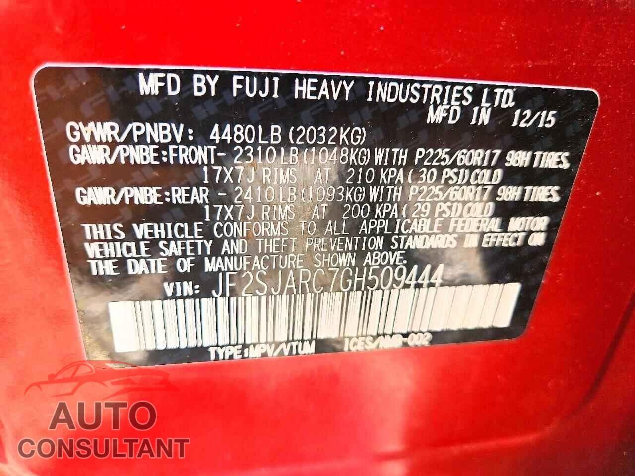 SUBARU FORESTER 2016 - JF2SJARC7GH509444
