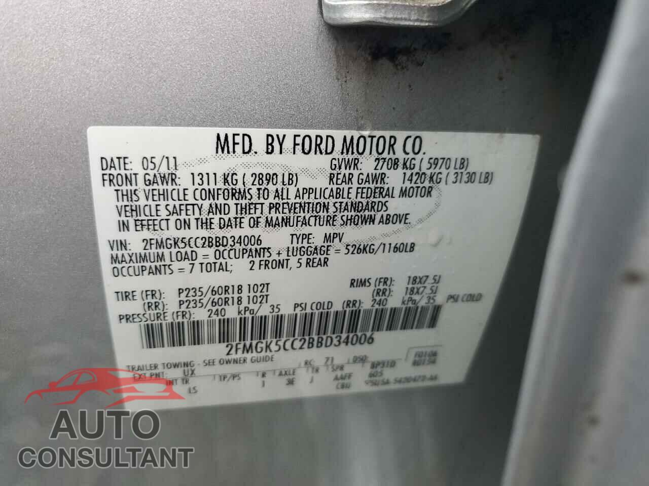 FORD FLEX 2011 - 2FMGK5CC2BBD34006