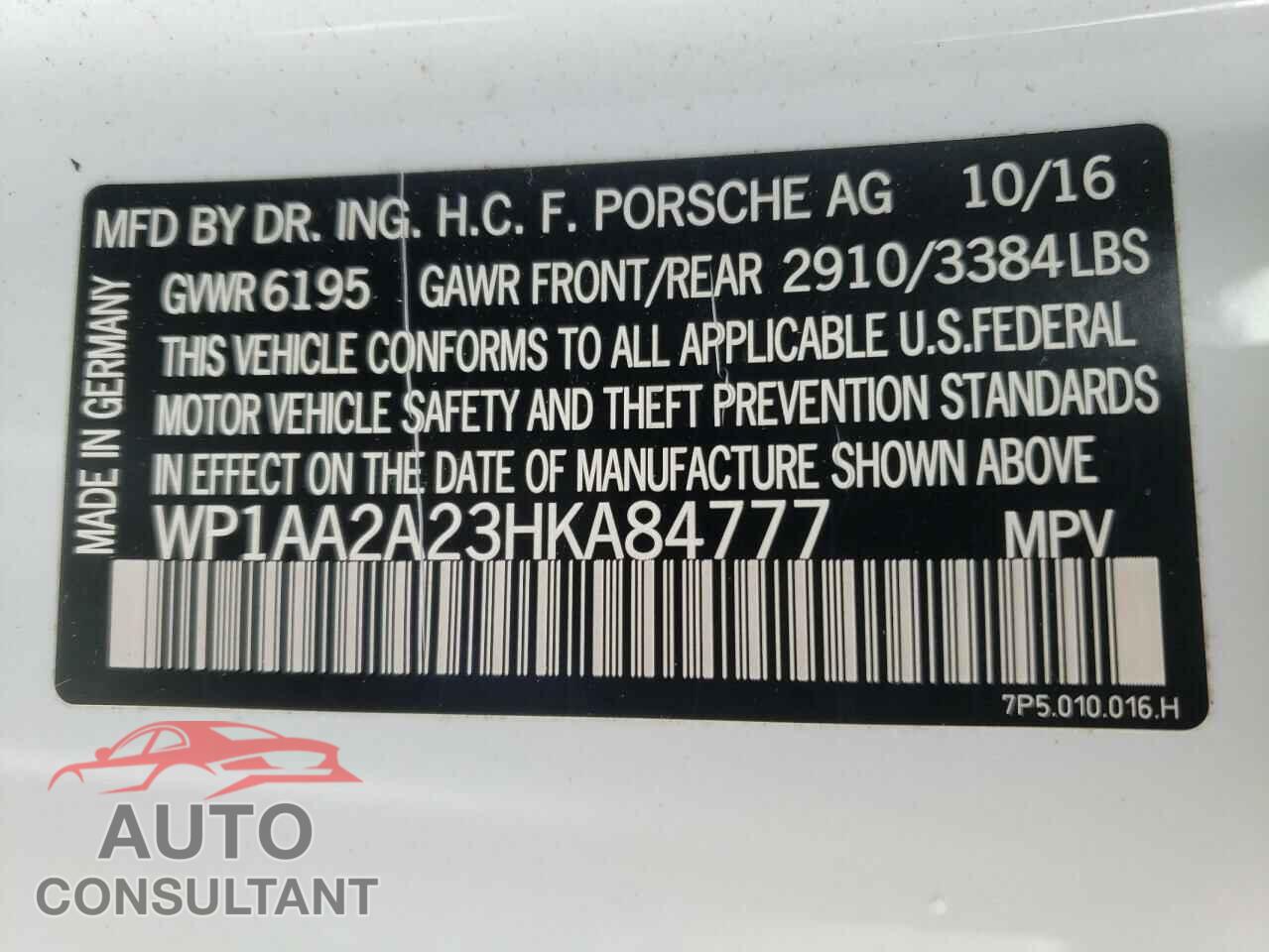 PORSCHE CAYENNE 2017 - WP1AA2A23HKA84777