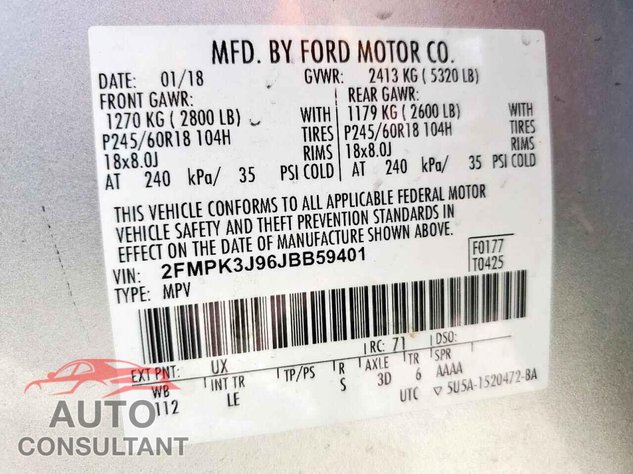 FORD EDGE 2018 - 2FMPK3J96JBB59401