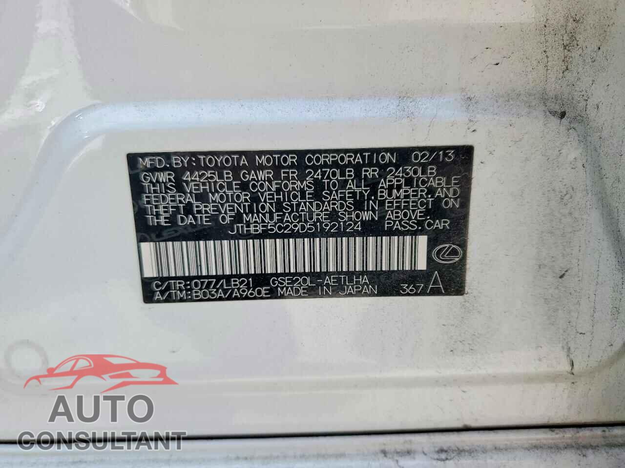 LEXUS IS 2013 - JTHBF5C29D5192124