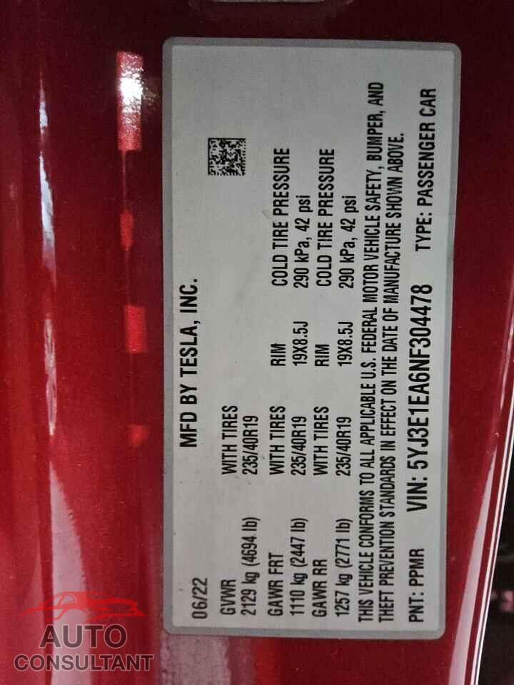 TESLA MODEL 3 2022 - 5YJ3E1EA6NF304478