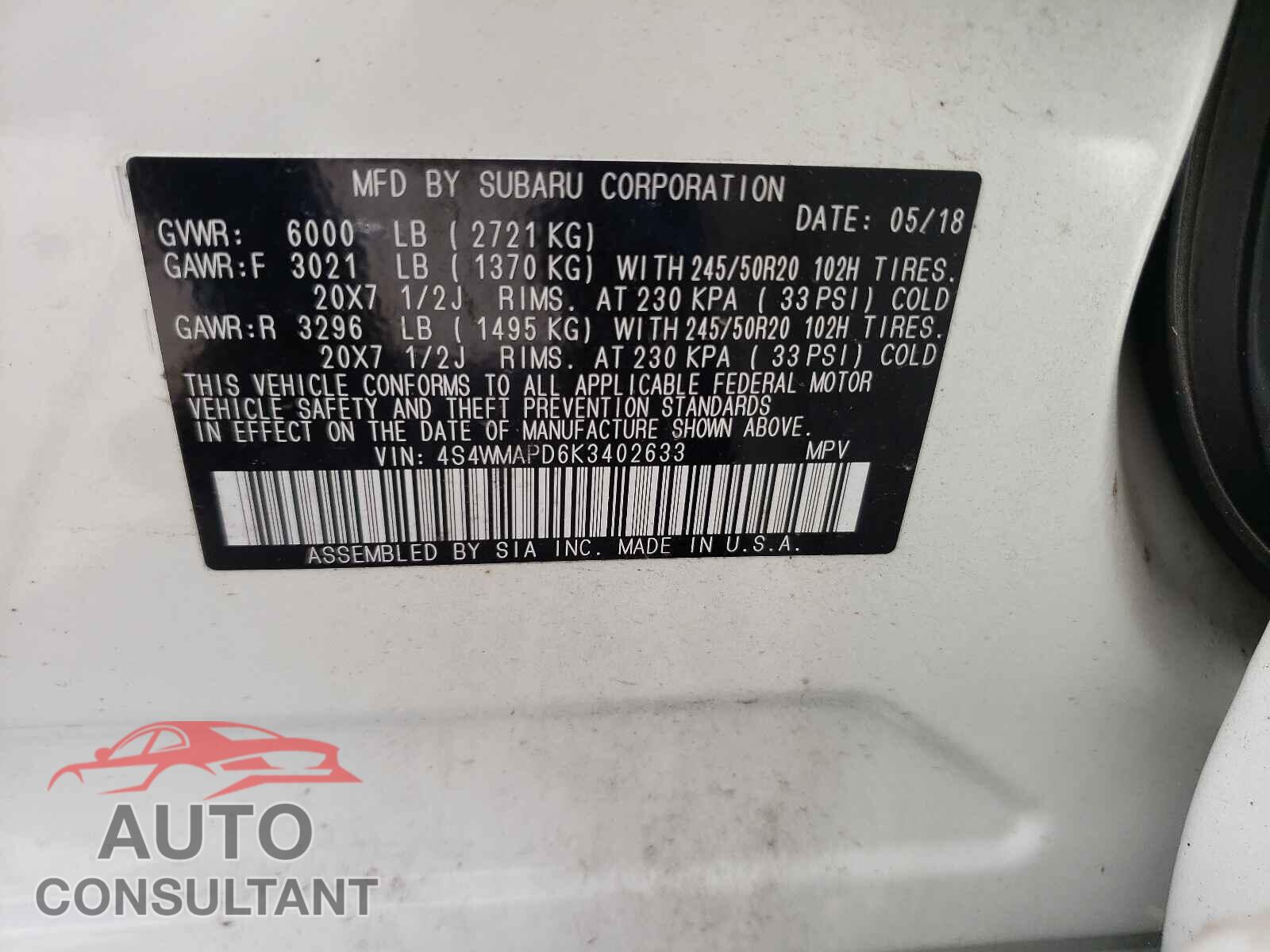SUBARU ASCENT 2019 - 4S4WMAPD6K3402633