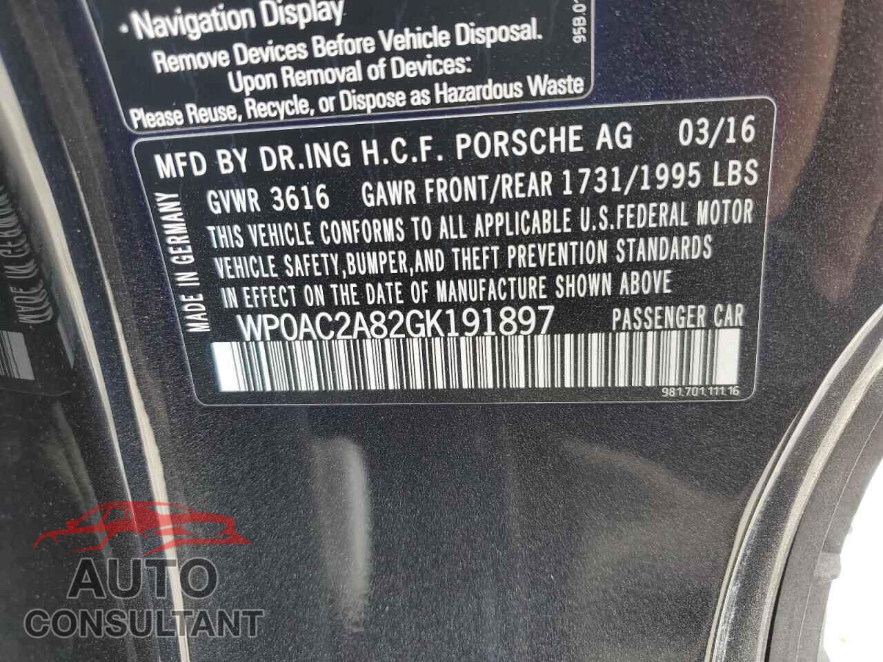 PORSCHE CAYMAN 2016 - WP0AC2A82GK191897