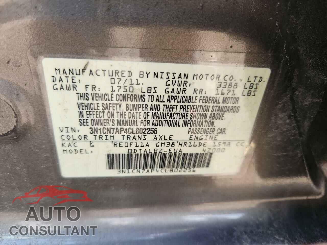 NISSAN VERSA 2012 - 3N1CN7AP4CL802256