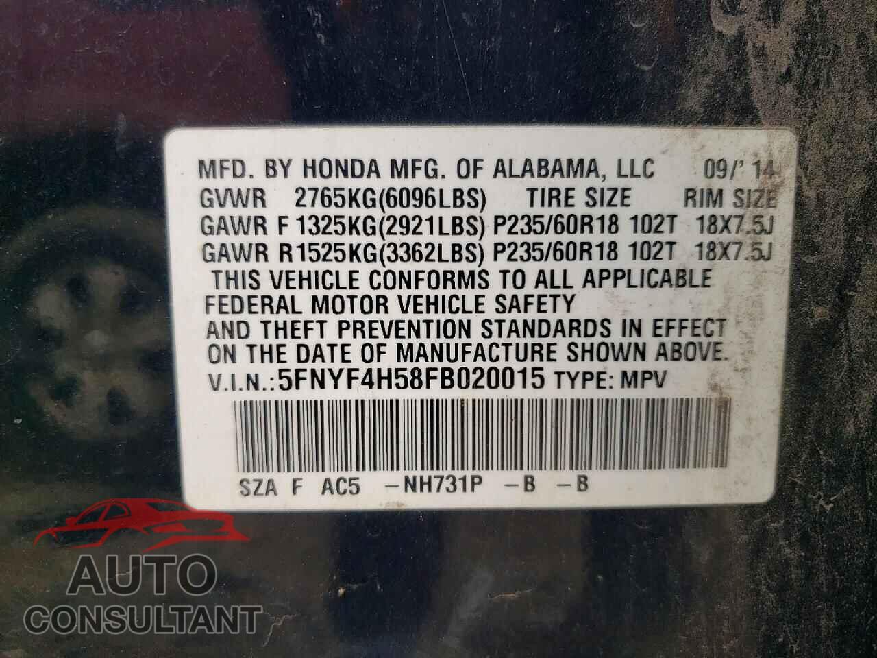 HONDA PILOT 2015 - 5FNYF4H58FB020015