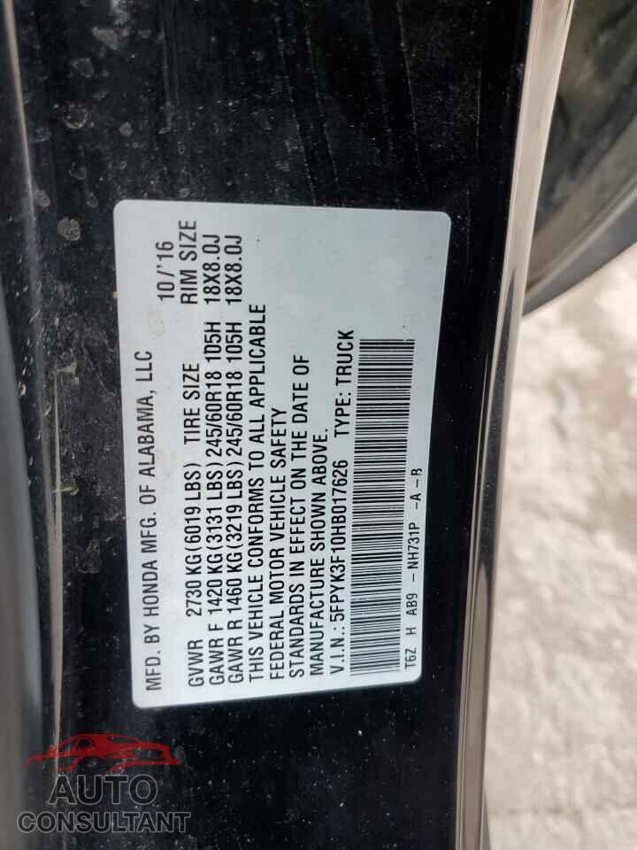 HONDA RIDGELINE 2017 - 5FPYK3F10HB017626