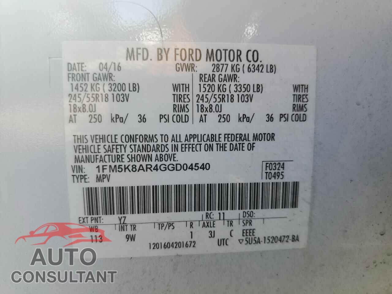 FORD EXPLORER 2016 - 1FM5K8AR4GGD04540