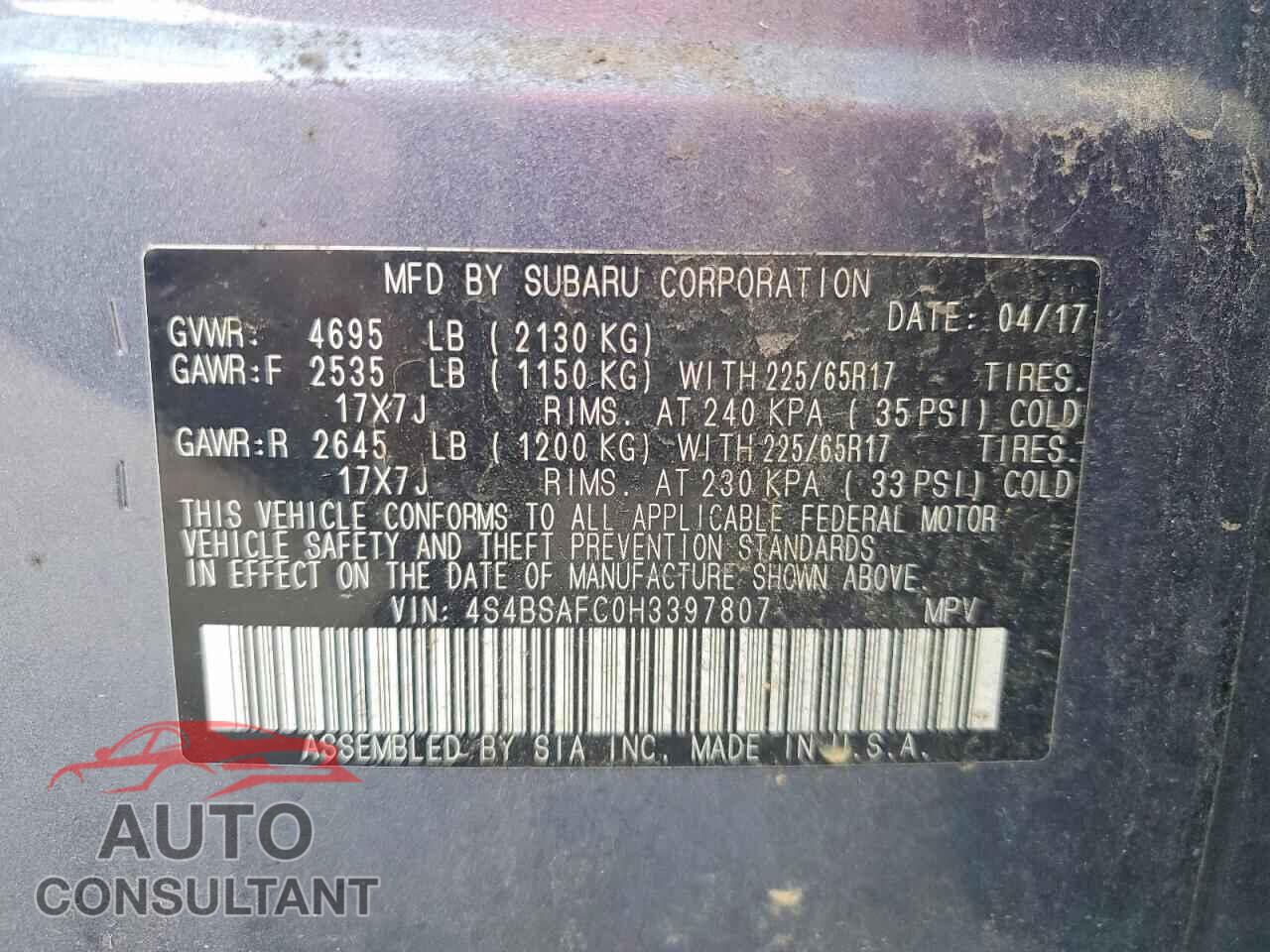SUBARU OUTBACK 2017 - 4S4BSAFC0H3397807